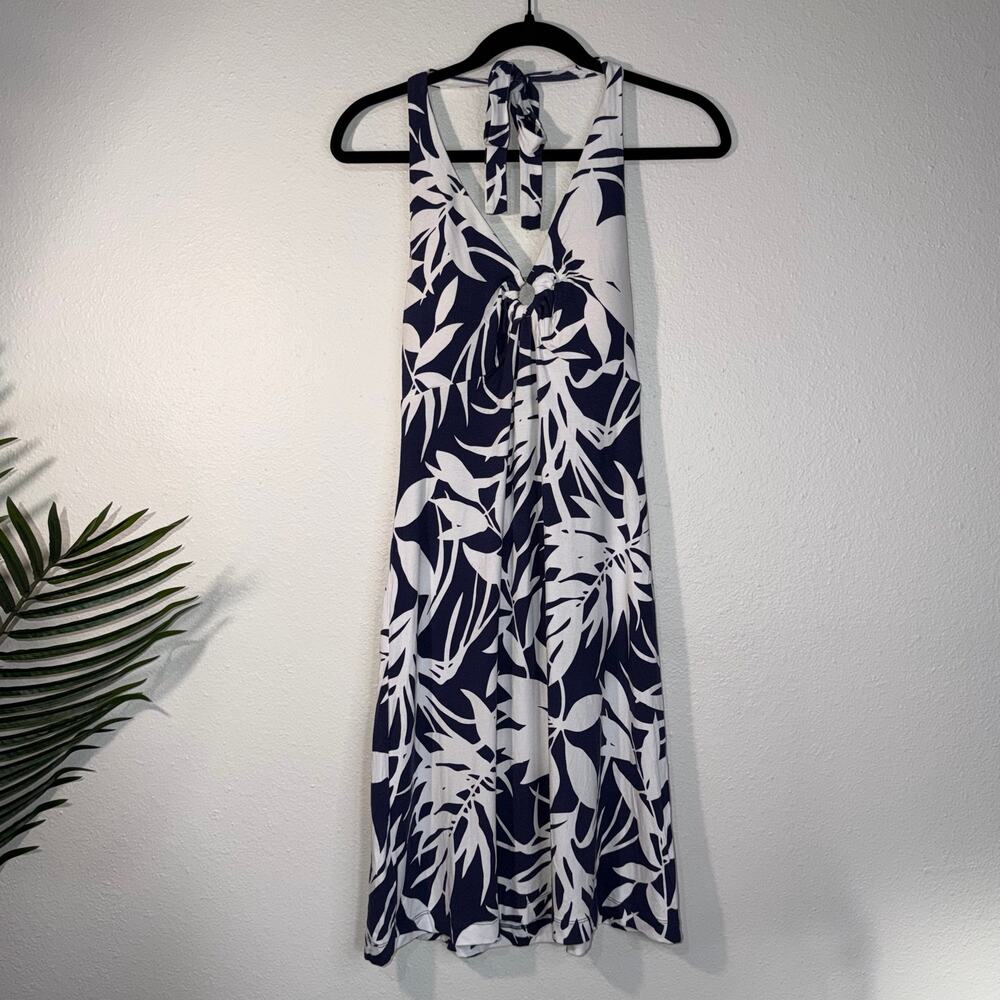 Tommy Bahama Tropical Halter Mini Dress Blue White Leaf XS‎